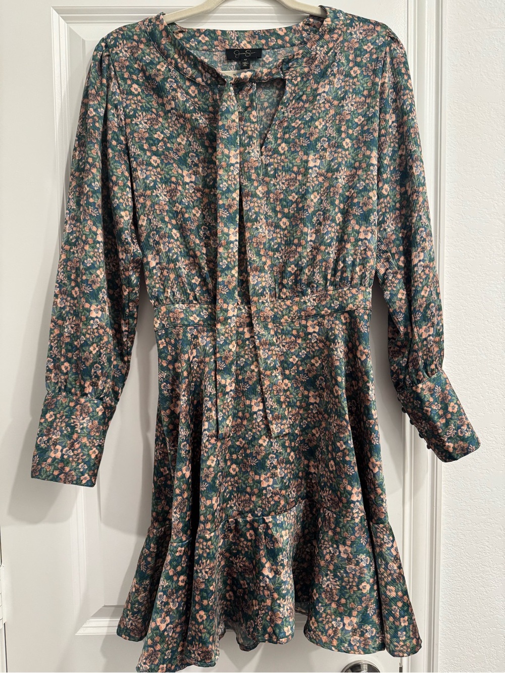 Jessica Simpson Teal Floral Long Sleeve Tie-Neck Dress